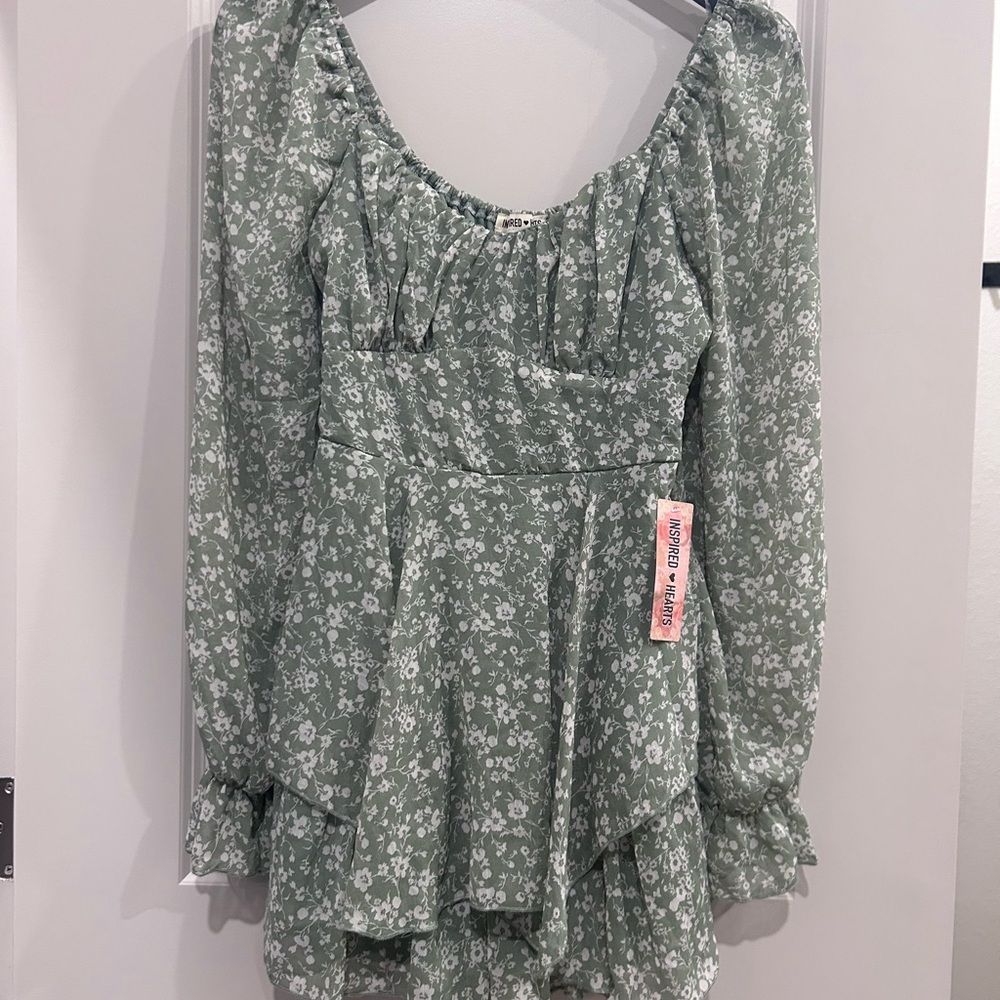 Floral Green Long Sleeve Romper NWT